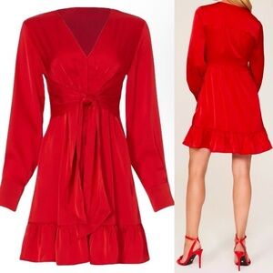 Marissa Webb | Red Satin Long Sleeve | Tie Front Mini Dress | Women’s 10